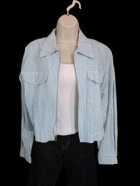 Vtg 2000's Lizsport Blue & White Seersucker Stripe Jacket Zip Cotton SIze M